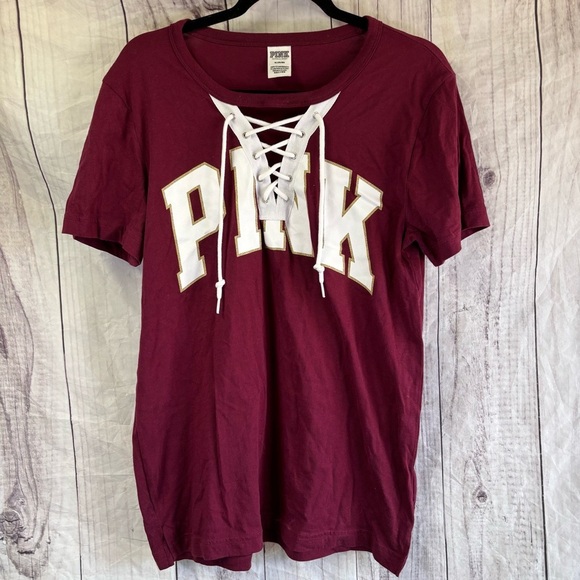 Victoria Secret PINK Maroon Lace-Up T-Shirt Medium - Picture 1 of 6
